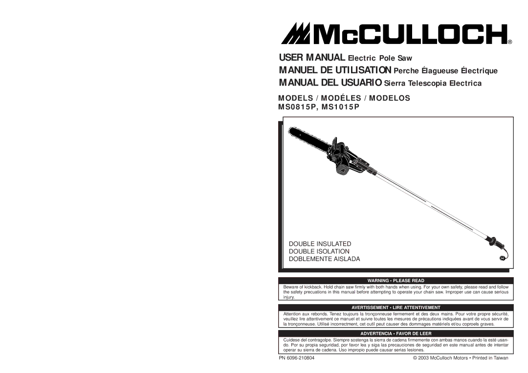 McCulloch MS1015P user manual Models / Modéles / Modelos 