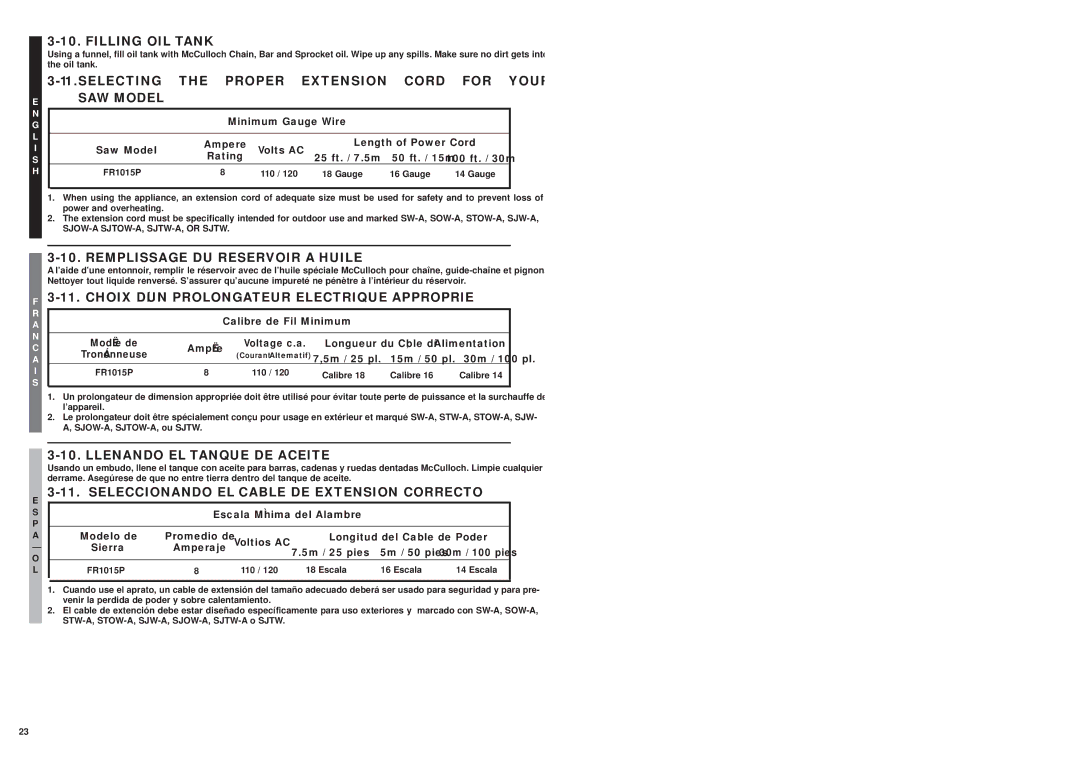 McCulloch MS1015P Filling OIL Tank, Selecting the Proper Extension Cord for Your SAW Model, Llenando EL Tanque DE Aceite 