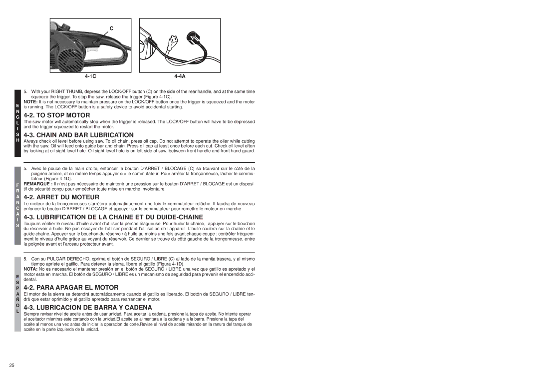 McCulloch MS1015P user manual To Stop Motor, Chain and BAR Lubrication, Arret DU Moteur, Para Apagar EL Motor 