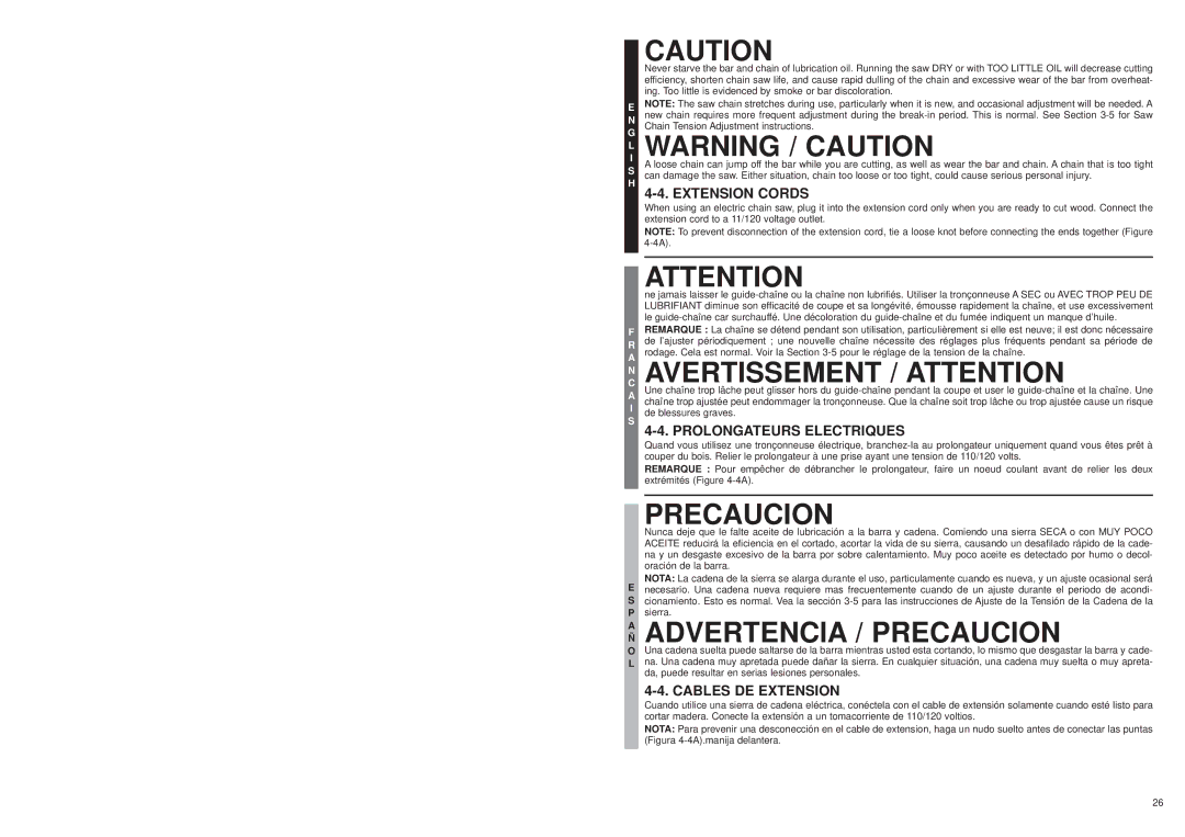 McCulloch MS1015P Aavertissement / Attentionn, Advertencia / Precaucion, Extension Cords, Prolongateurs Electriques 