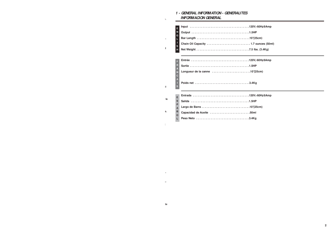 McCulloch MS1015P user manual General Information Generalites Informacion General 