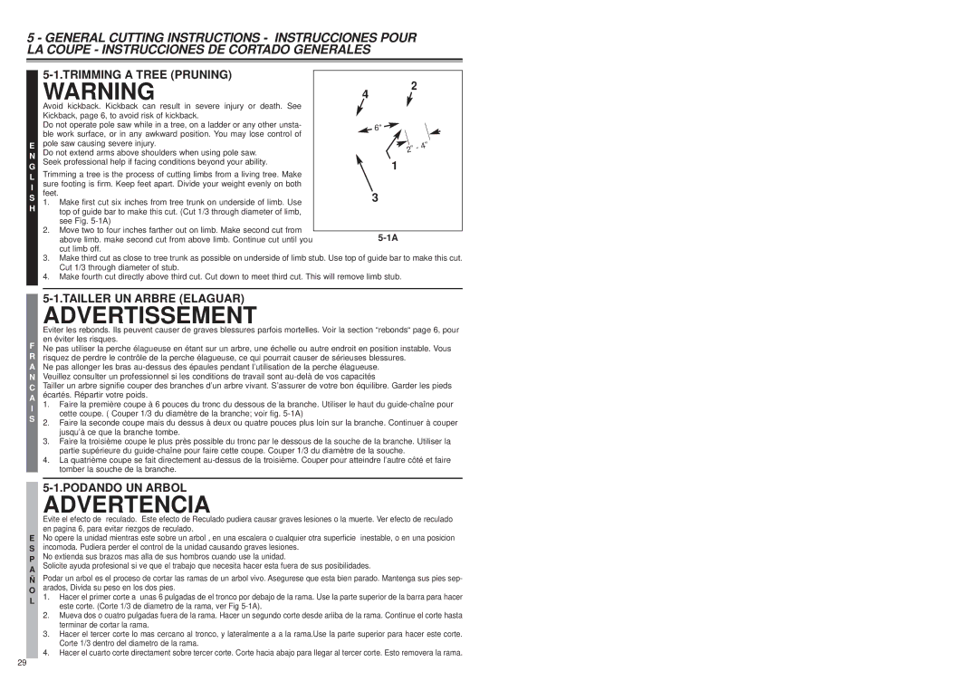 McCulloch MS1015P user manual Advertissement, Trimming a Tree Pruning, Tailler UN Arbre Elaguar, Podando UN Arbol 