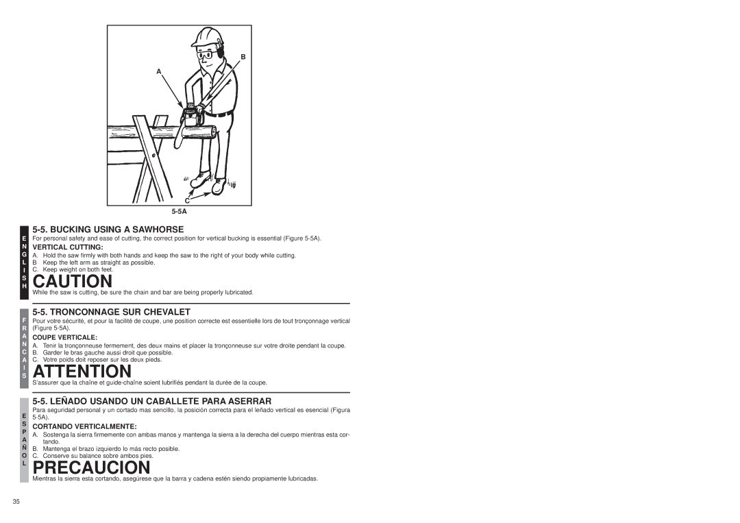 McCulloch MS1015P HS Caution, Bucking Using a Sawhorse, Tronconnage SUR Chevalet, Leñado Usando UN Caballete Para Aserrar 