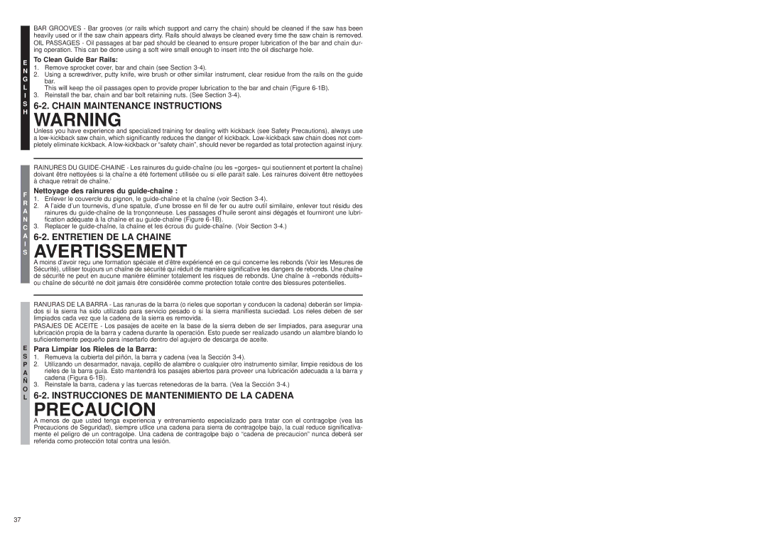 McCulloch MS1015P Chain Maintenance Instructions, Entretien DE LA Chaine, Instrucciones DE Mantenimiento DE LA Cadena 