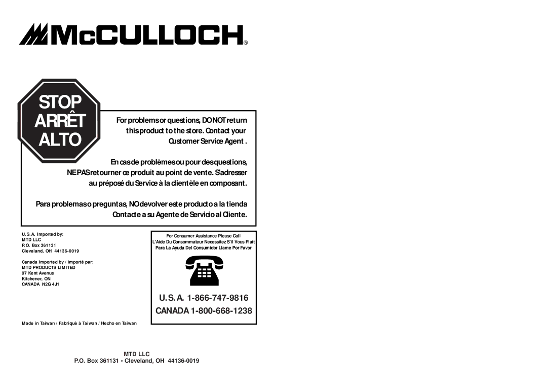 McCulloch MS1015P user manual Stop 