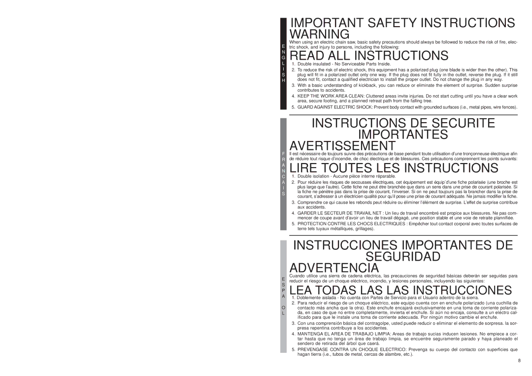 McCulloch MS1015P Important Safety Instructions Warning, Read ALL Instructions, Lire Toutes LES Instructions, Seguridad 