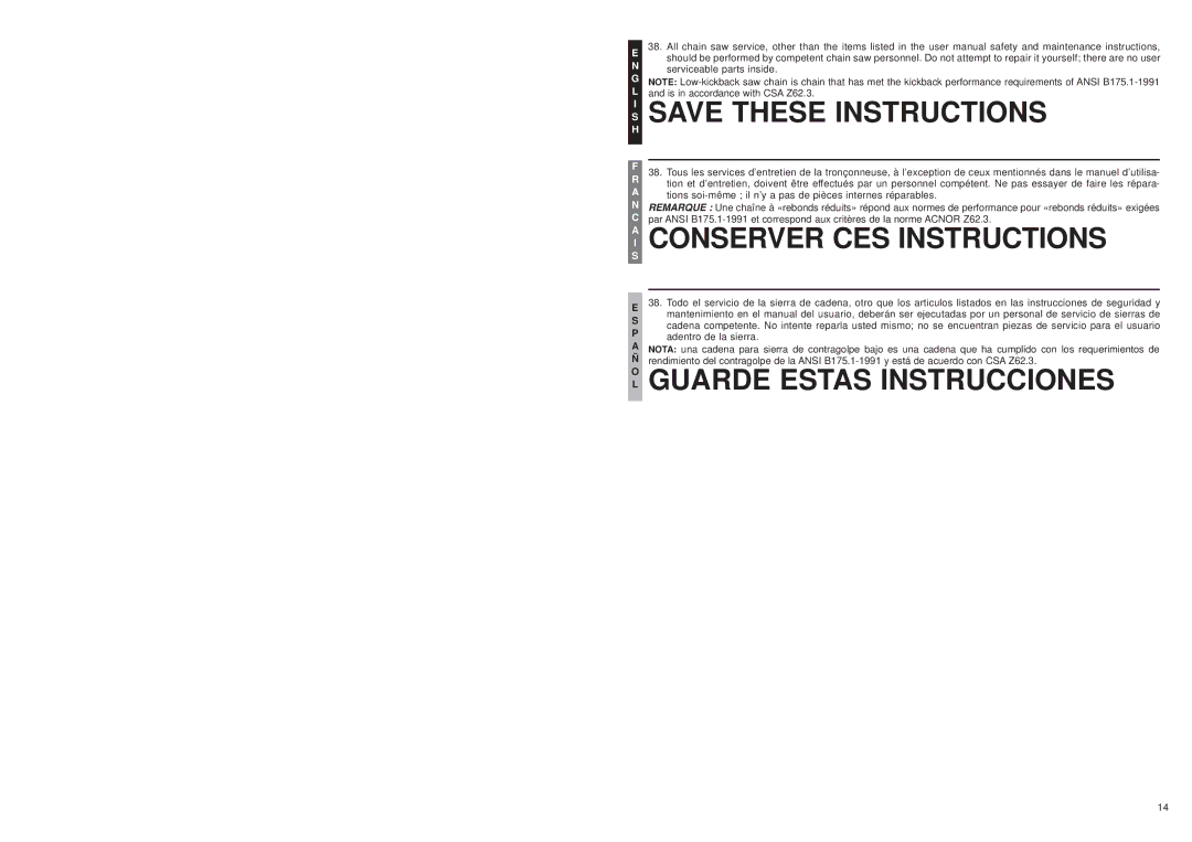 McCulloch MS1215, MS1415, MS1210 user manual Conserver CES Instructions, Guarde Estas Instrucciones 