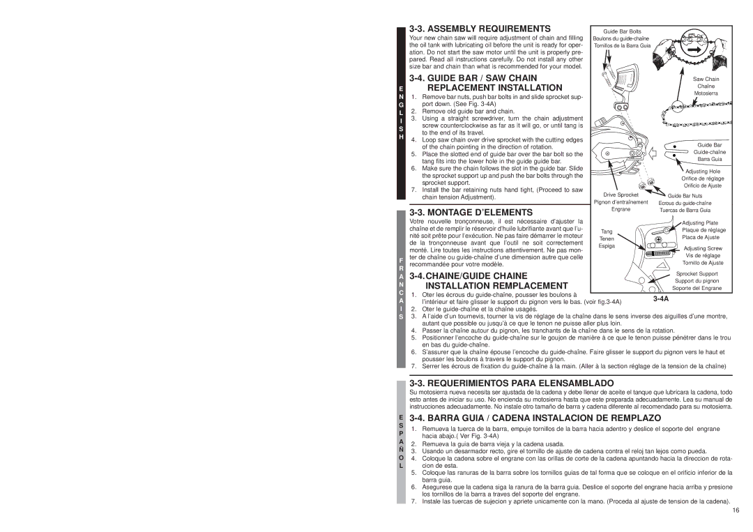 McCulloch MS1210, MS1215, MS1415 Assembly Requirements, Guide BAR / SAW Chain, Replacement Installation, Montage D’ELEMENTS 