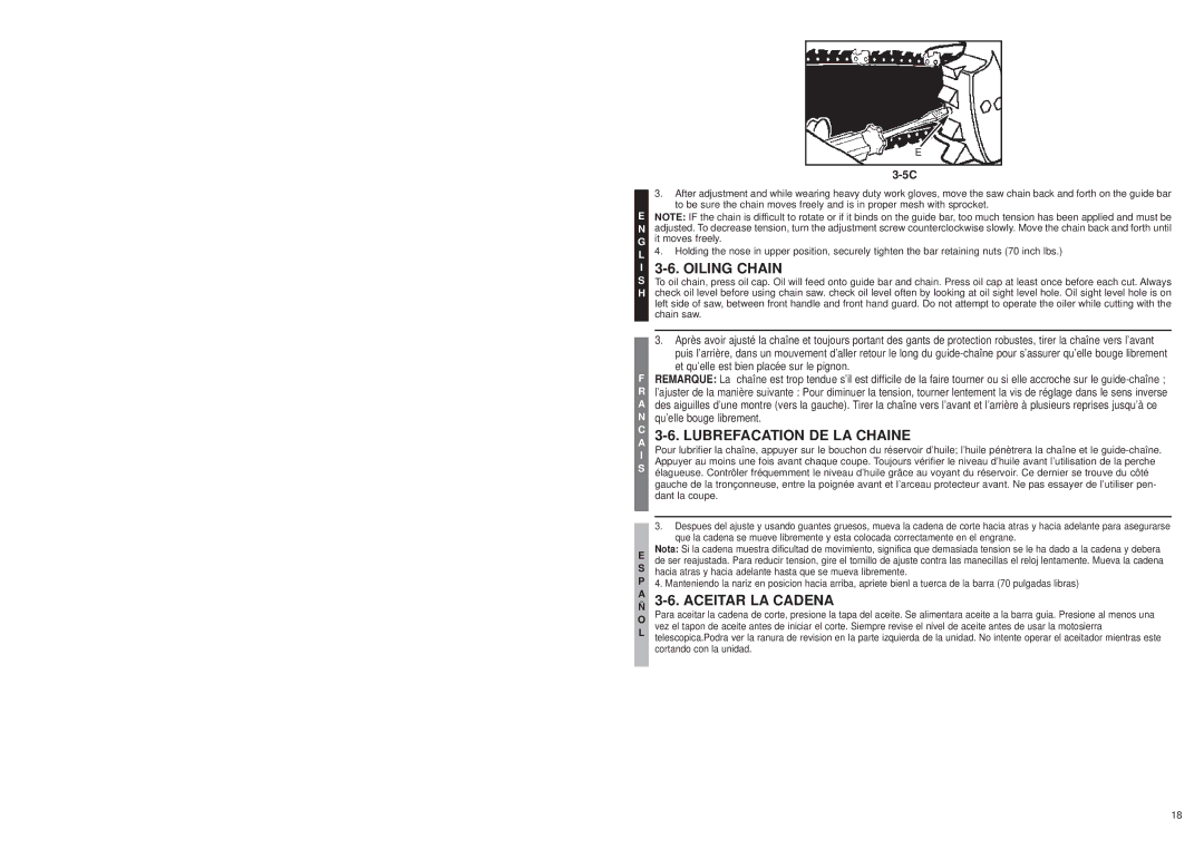 McCulloch MS1415, MS1215, MS1210 user manual Oiling Chain, Lubrefacation DE LA Chaine, Aceitar LA Cadena 