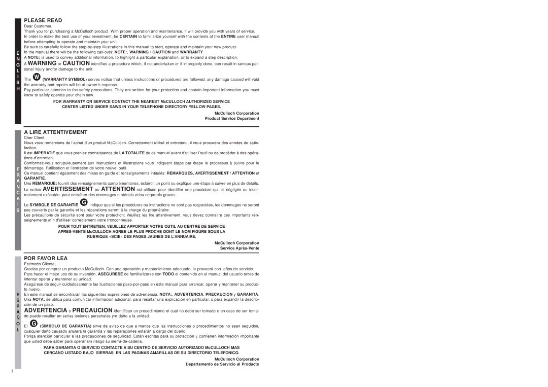 McCulloch MS1210, MS1215, MS1415 user manual Please Read, Lire Attentivement 