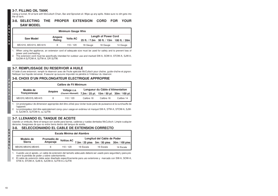 McCulloch MS1210 Filling OIL Tank, Selecting the Proper Extension Cord for Your SAW Model, Llenando EL Tanque DE Aceite 