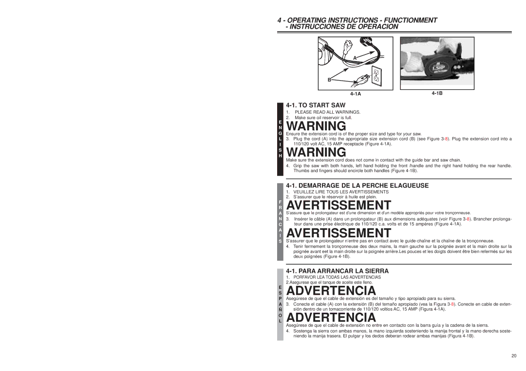 McCulloch MS1215 HS Warning, OL Advertencia, To Start SAW, Demarrage DE LA Perche Elagueuse, Para Arrancar LA Sierra 