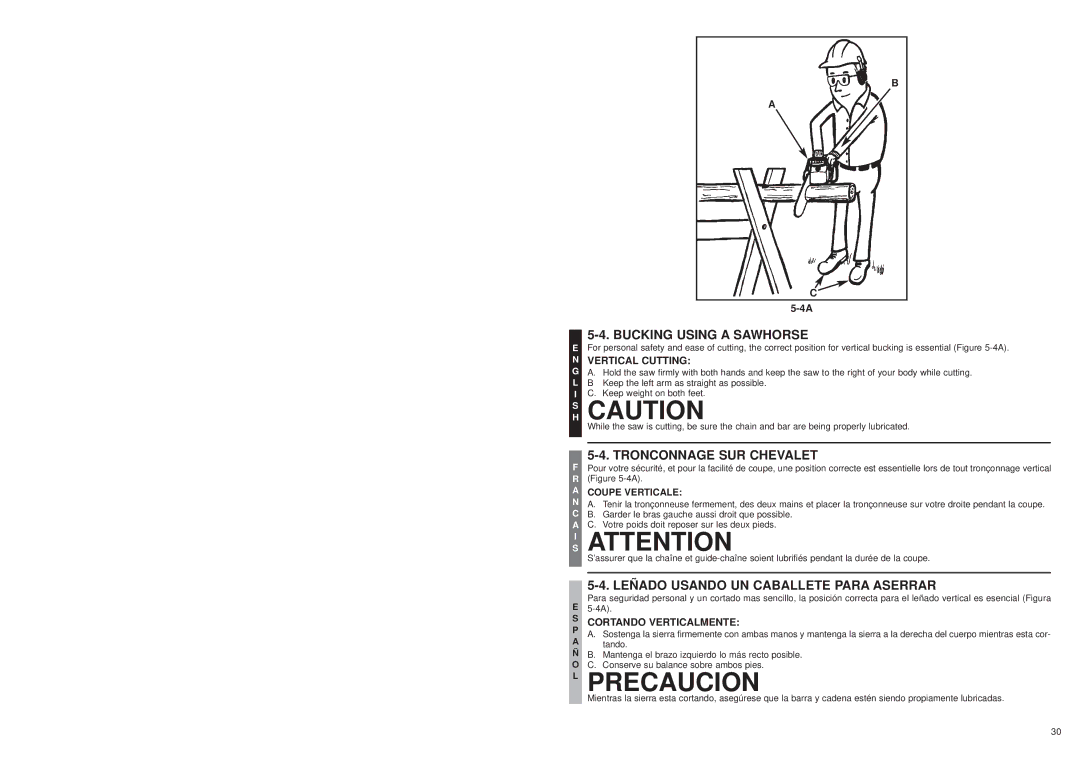 McCulloch MS1415 HS Caution, Bucking Using a Sawhorse, Tronconnage SUR Chevalet, Leñado Usando UN Caballete Para Aserrar 