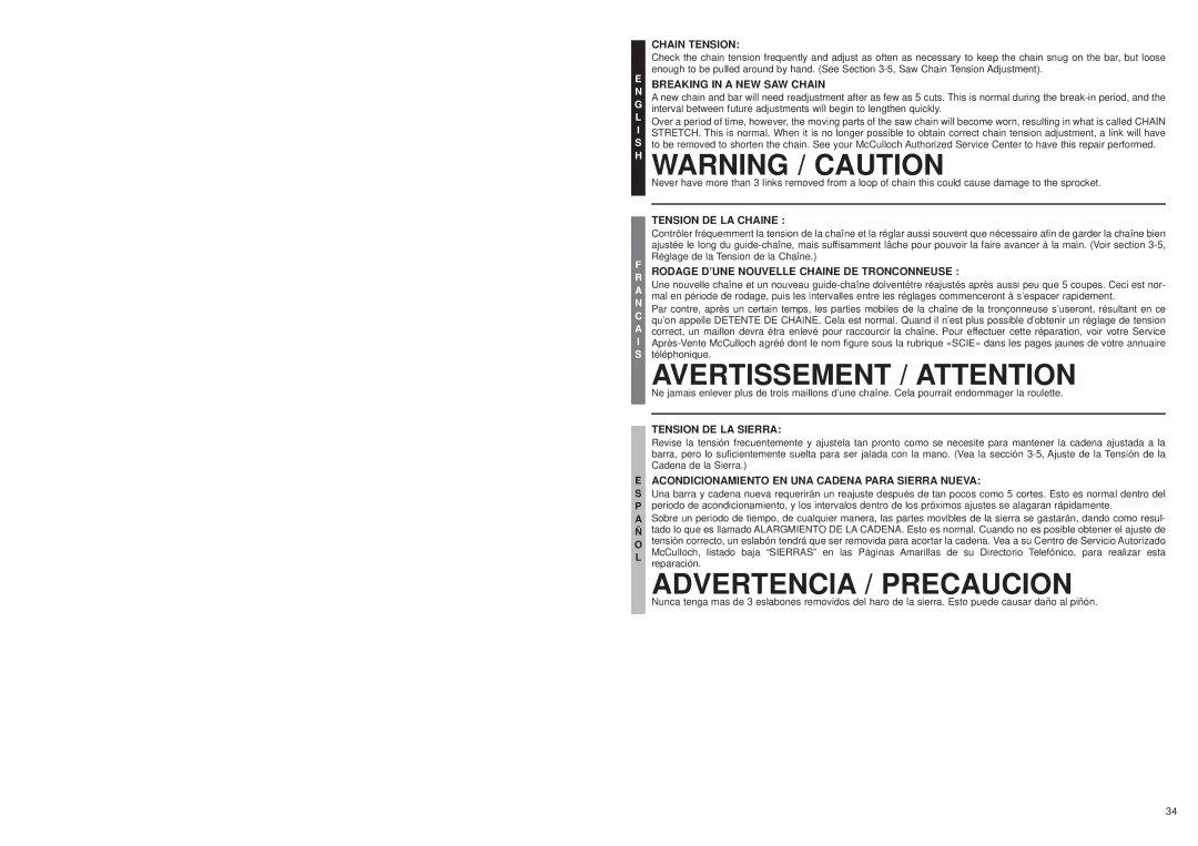 McCulloch MS1210, MS1215, MS1415 user manual Avertissement / Attention, Tension DE LA Chaine 