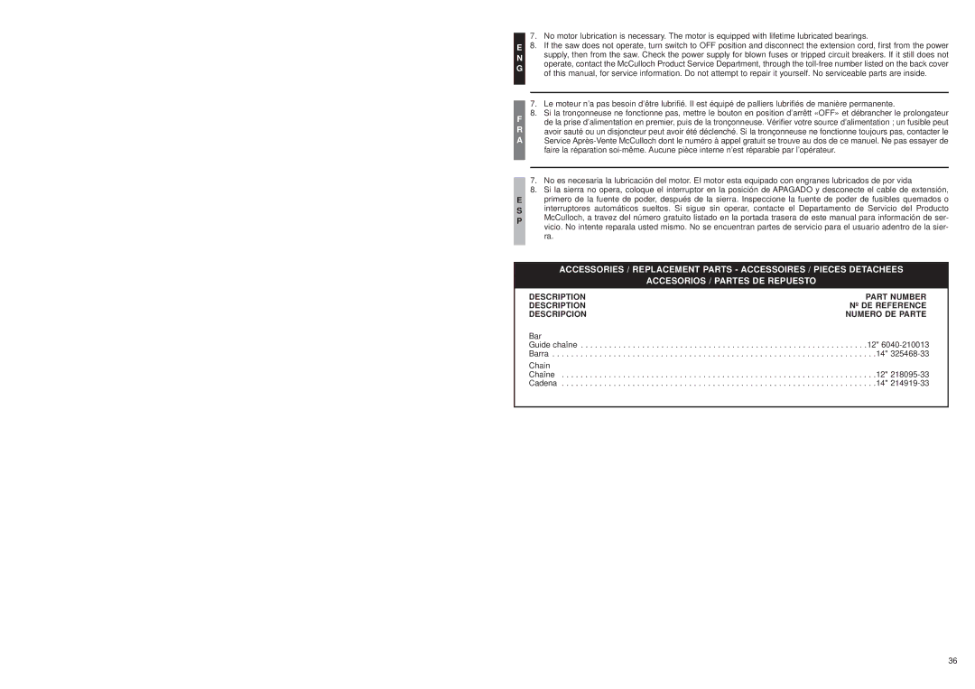 McCulloch MS1415, MS1215, MS1210 user manual Description Part Number 