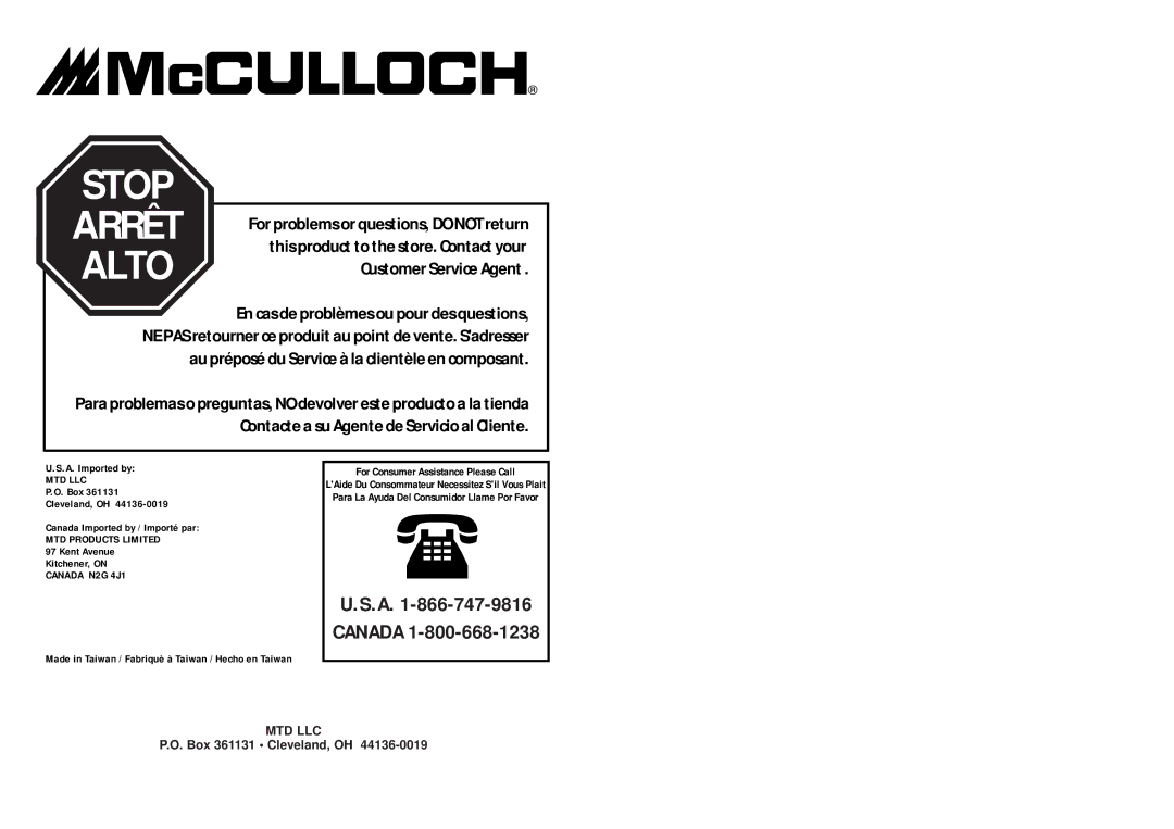 McCulloch MS1210, MS1215, MS1415 user manual Stop 