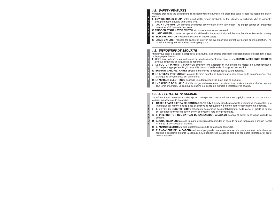 McCulloch MS1210, MS1215, MS1415 user manual Safety Features 