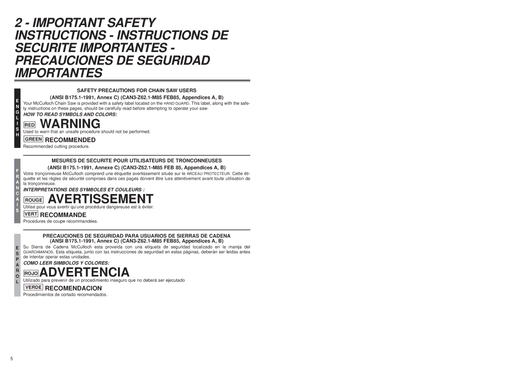 McCulloch MS1215, MS1415, MS1210 Rouge Avertissement, Recommended, Vert Recommande, Safety Precautions for Chain SAW Users 