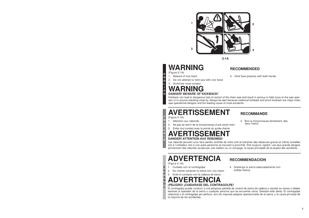 McCulloch MS1415, MS1215 Avertissement Recommande, Advertencia, Recommendacion, ¡PELIGRO! ¡CUIDARASE DEL Contragolpe 