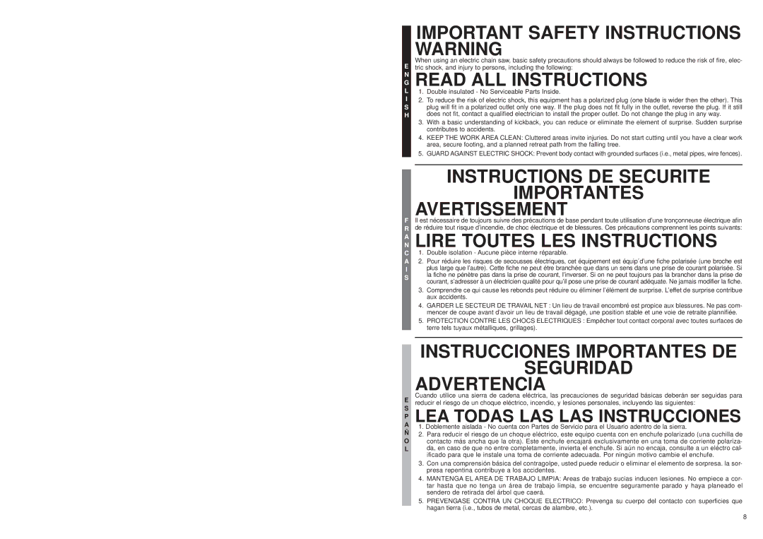 McCulloch MS1215 Important Safety Instructions Warning, Read ALL Instructions, Lire Toutes LES Instructions, Seguridad 