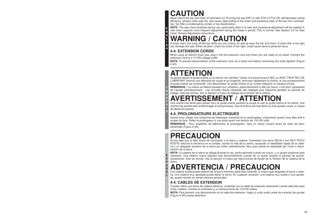 McCulloch MS1210, MS1215 Warning / Caution, Aavertissement / Attentionn, A Advertencia / Precaucion, Extension Cords 