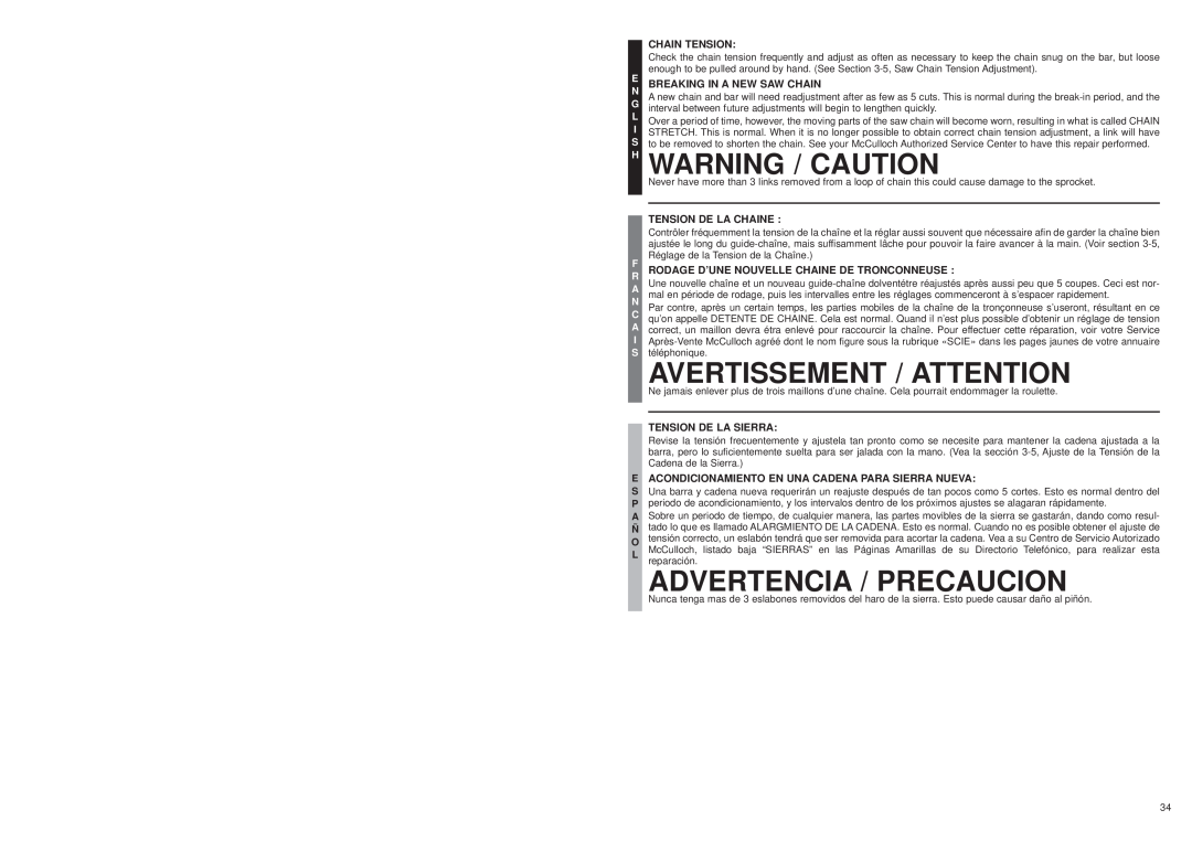McCulloch MS1210, MS1215 H Warning / Caution, Avertissement / Attention, Tension De La Chaine, Tension De La Sierra, E N G 