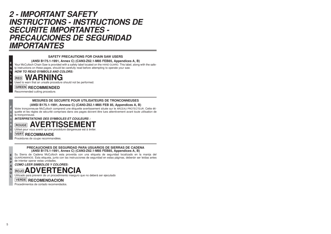 McCulloch MS1215, MS1415 Rouge Avertissement, Recommended, Vert Recommande, Safety Precautions For Chain Saw Users, Green 