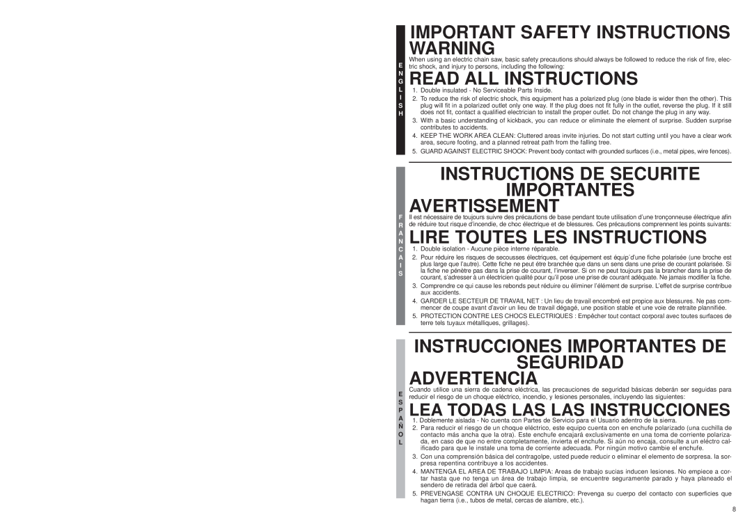 McCulloch MS1215 Important Safety Instructions Warning, G Read All Instructions, A Lire Toutes Les Instructions, Seguridad 