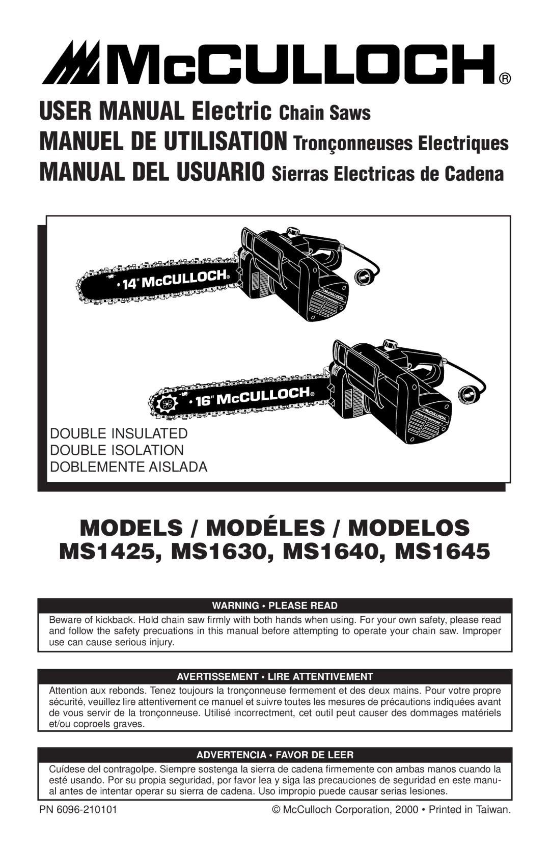 McCulloch MS1425, MS1630, MS1640, MS1645 user manual Models / Modéles / Modelos 