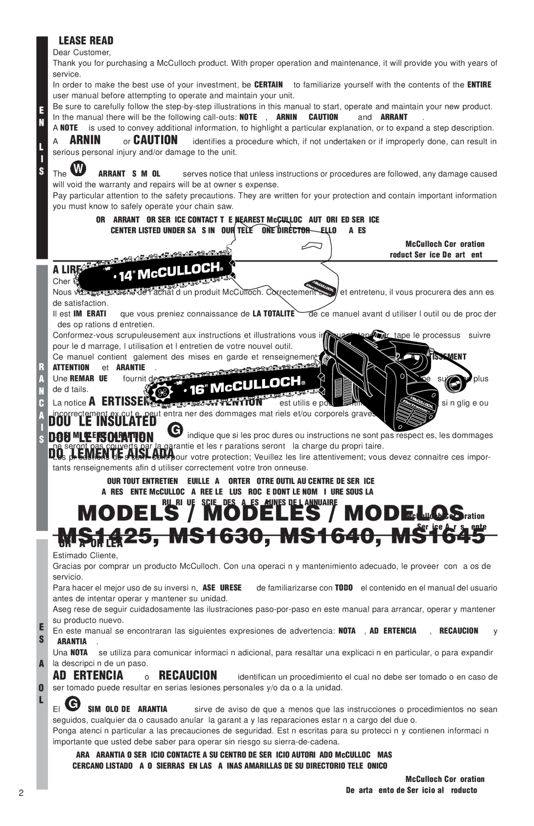 McCulloch MS1425, MS1630, MS1640, MS1645 user manual Please Read, Lire Attentivement, POR Favor LEA 