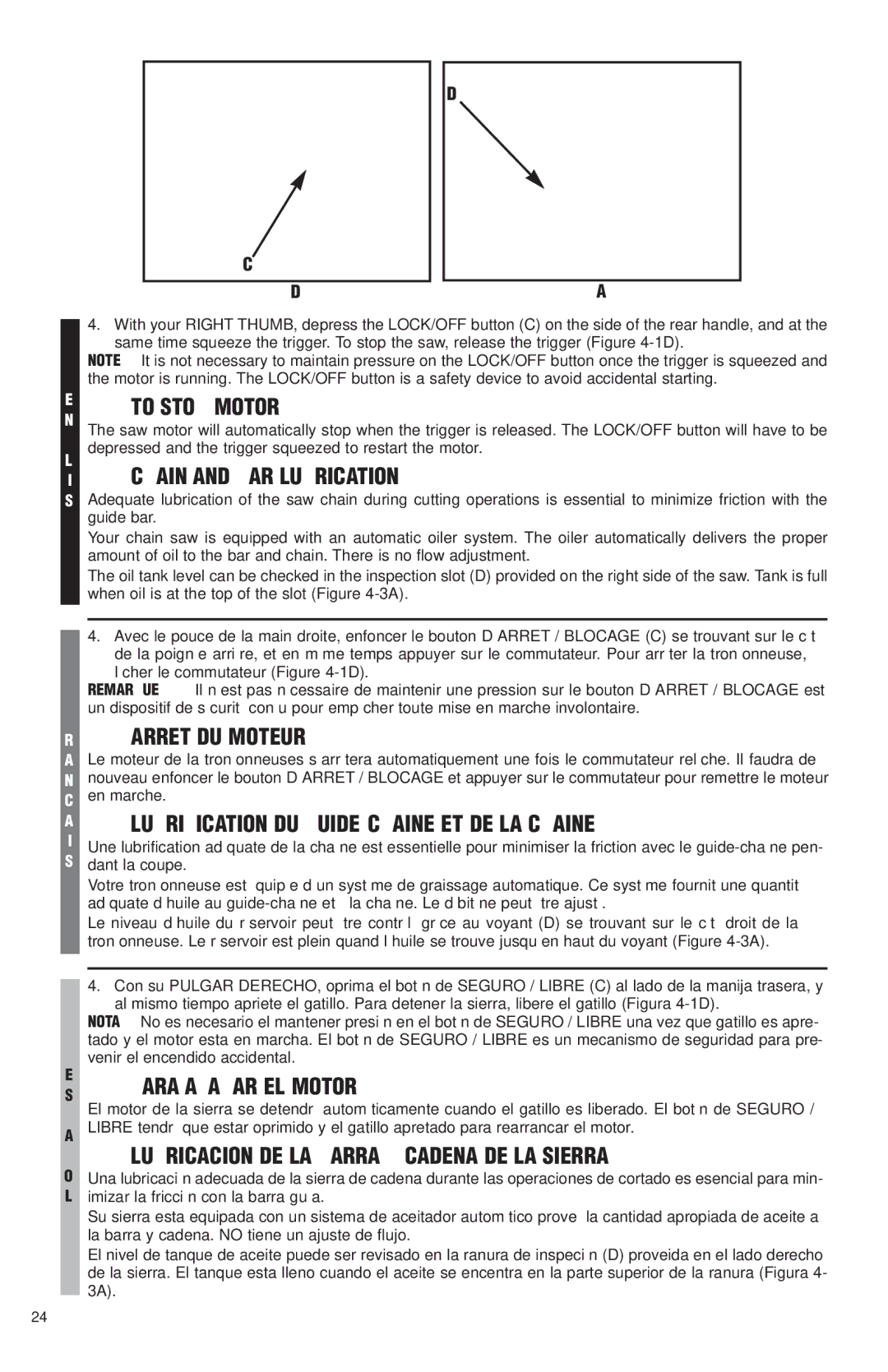 McCulloch MS1425, MS1630, MS1640, MS1645 user manual To Stop Motor, Chain and BAR Lubrication, Arret DU Moteur 