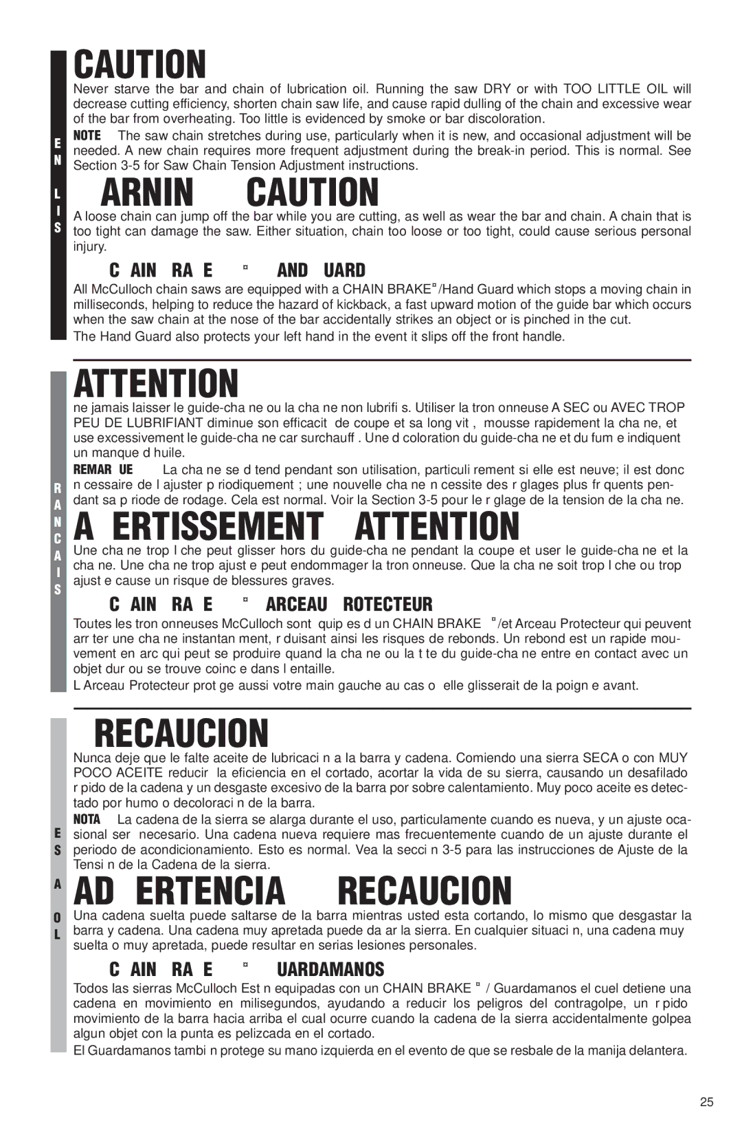 McCulloch MS1425, MS1630, MS1640, MS1645 Avertissement / Attention, Advertencia / Precaucion, Chain Brake / Guardamanos 