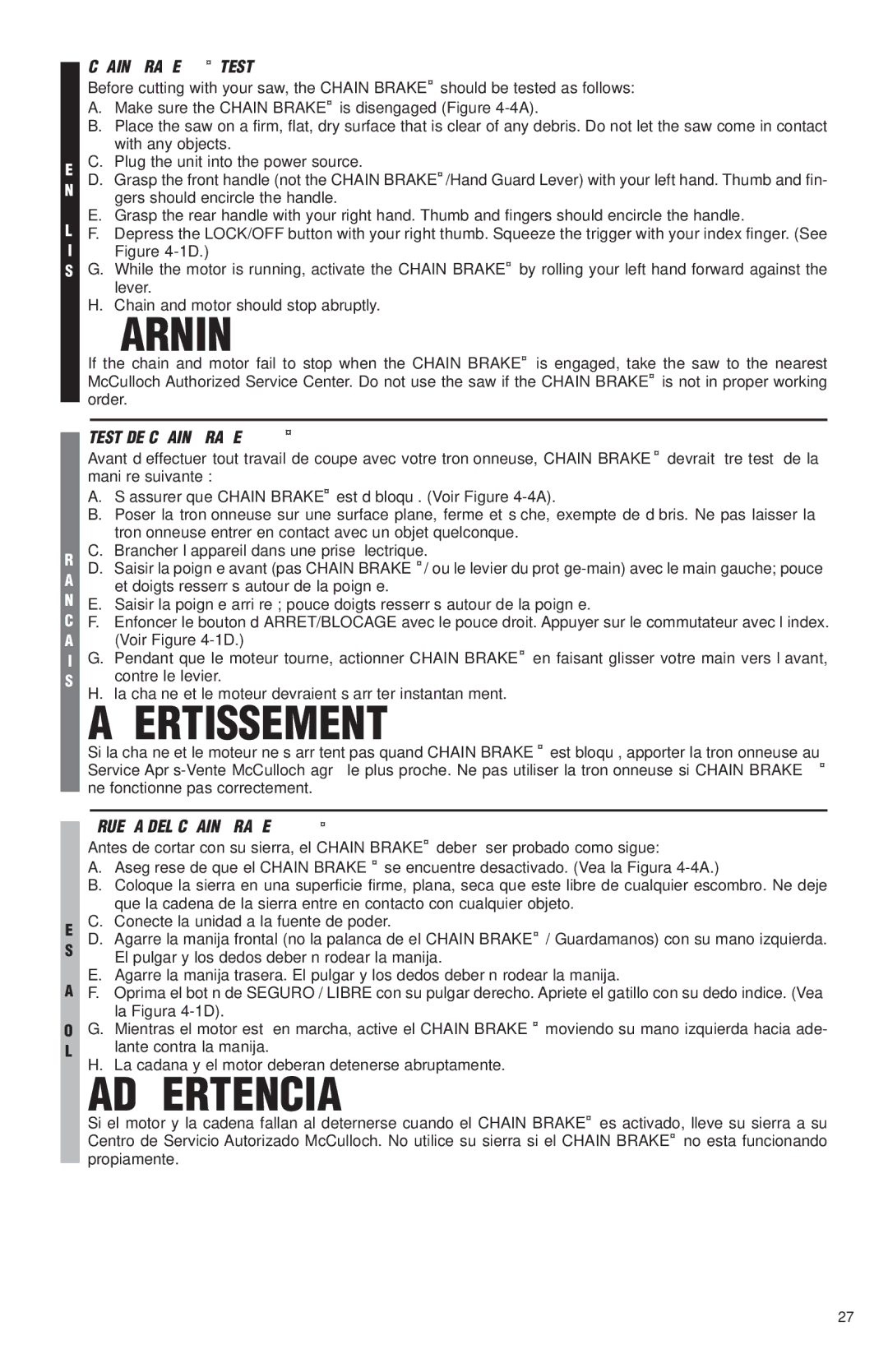 McCulloch MS1425, MS1630, MS1640, MS1645 user manual Chain Brake Test, Test DE Chain Brake, Prueba DEL Chain Brake 