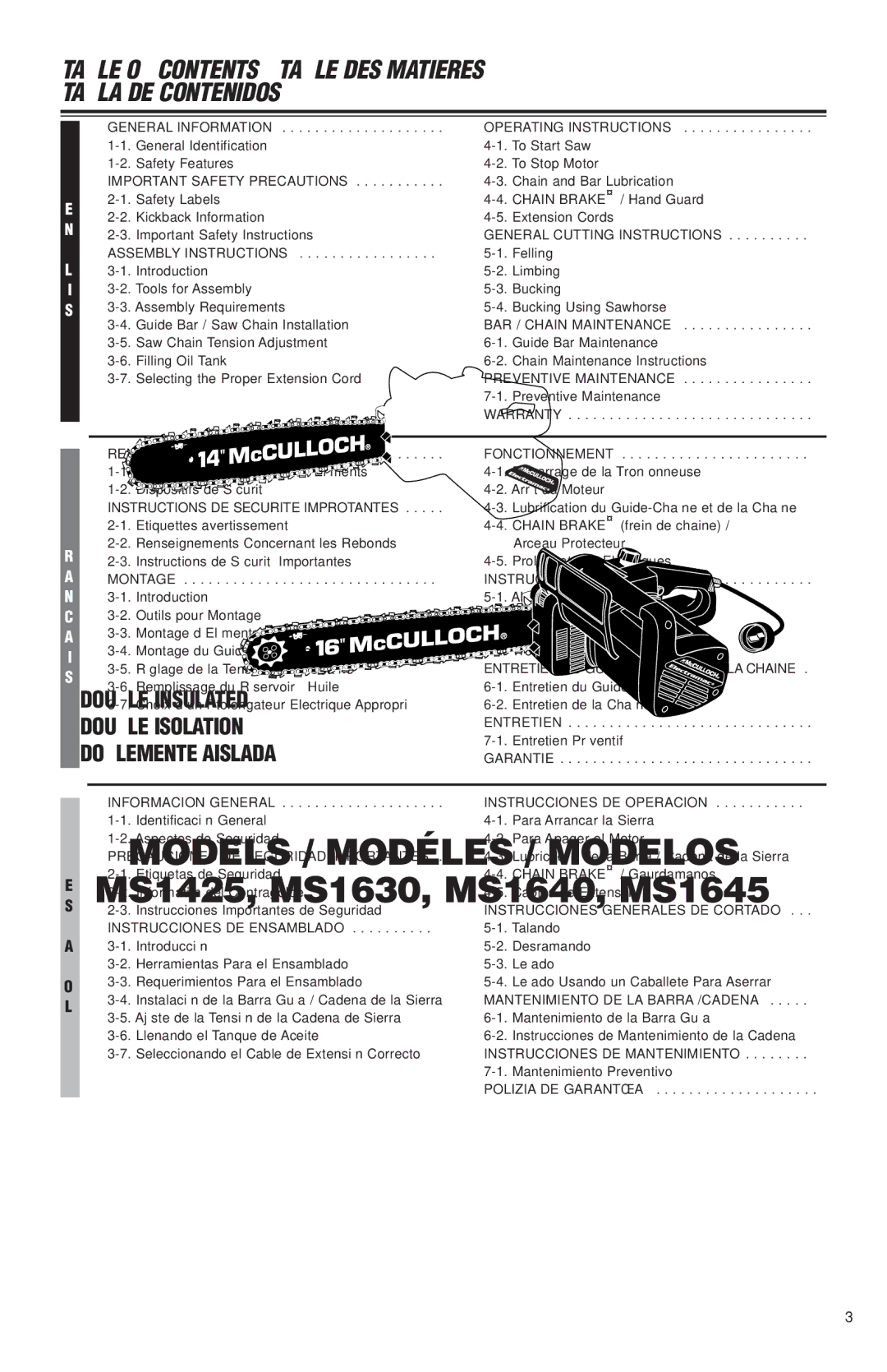 McCulloch MS1425, MS1630, MS1640, MS1645 user manual Table of Contents Table DES Matieres Tabla DE Contenidos 