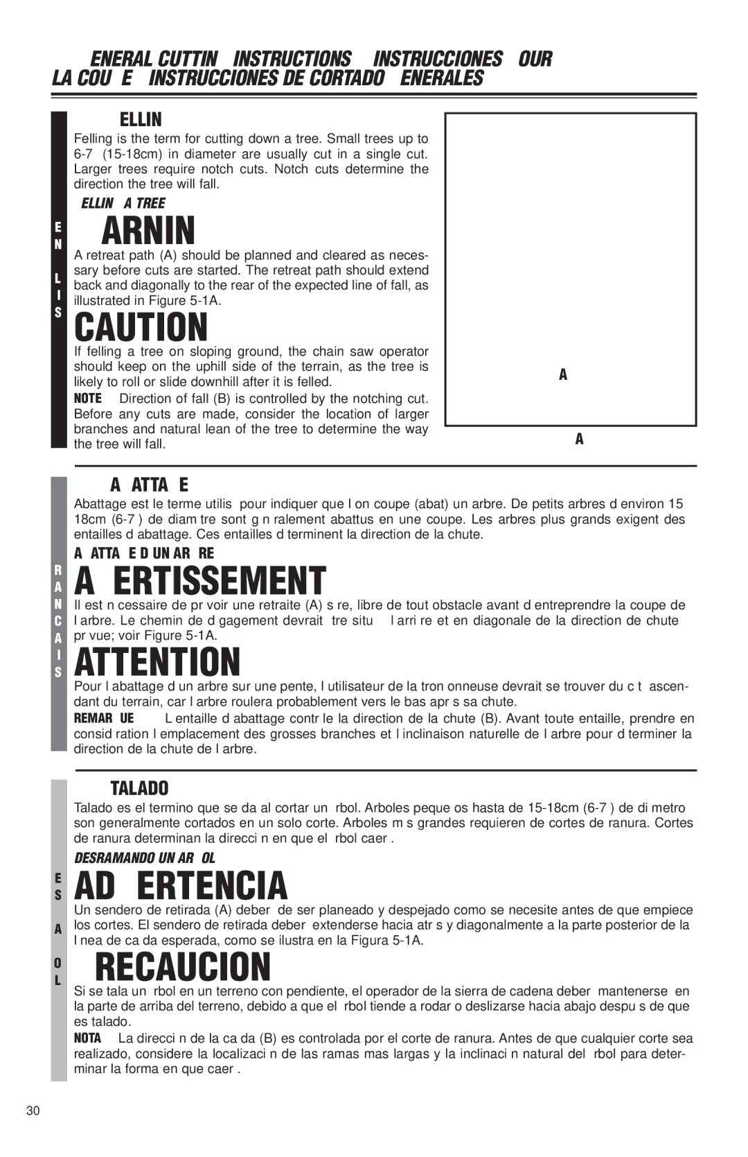 McCulloch MS1425, MS1630, MS1640, MS1645 user manual SI Attention, OL Precaucion, Felling, Abattage, Talado 