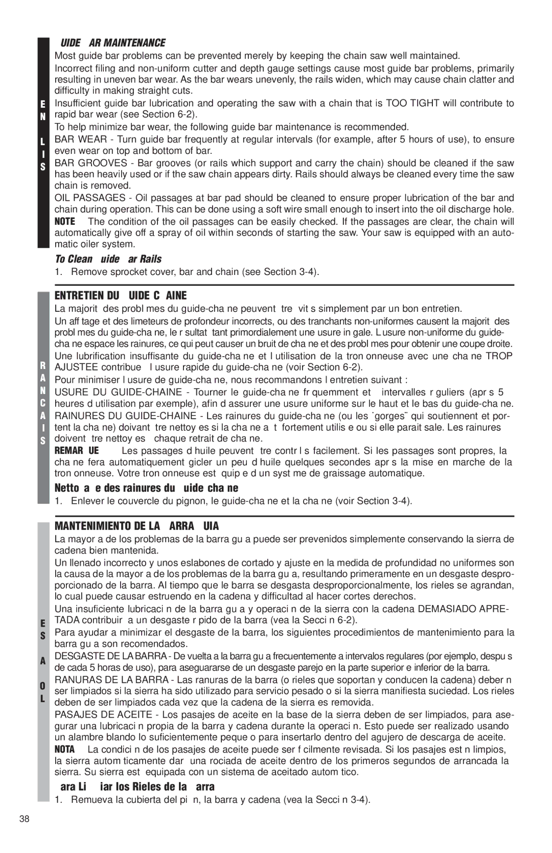 McCulloch MS1425, MS1630, MS1640, MS1645 Entretien DU GUIDE-CHAINE, Mantenimiento DE LA Barra Guia, Guide BAR Maintenance 