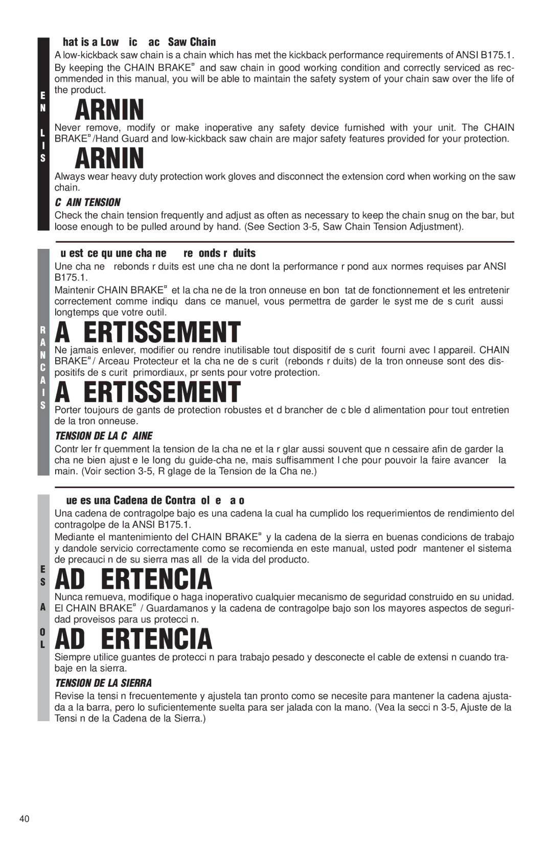 McCulloch MS1425, MS1630, MS1640, MS1645 user manual GN Warning, Chain Tension, Tension DE LA Chaine, Tension DE LA Sierra 