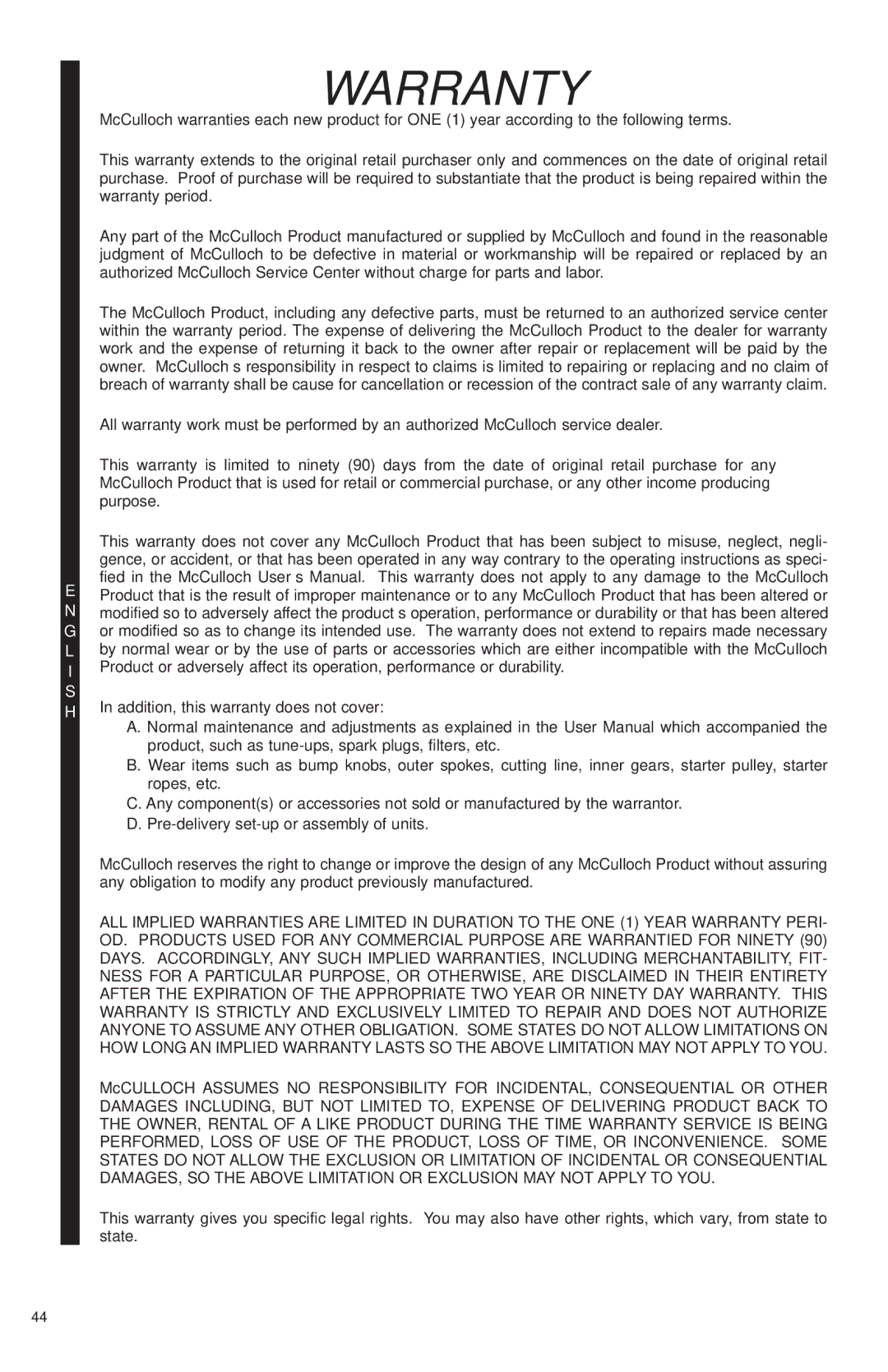 McCulloch MS1425, MS1630, MS1640, MS1645 user manual Warranty 