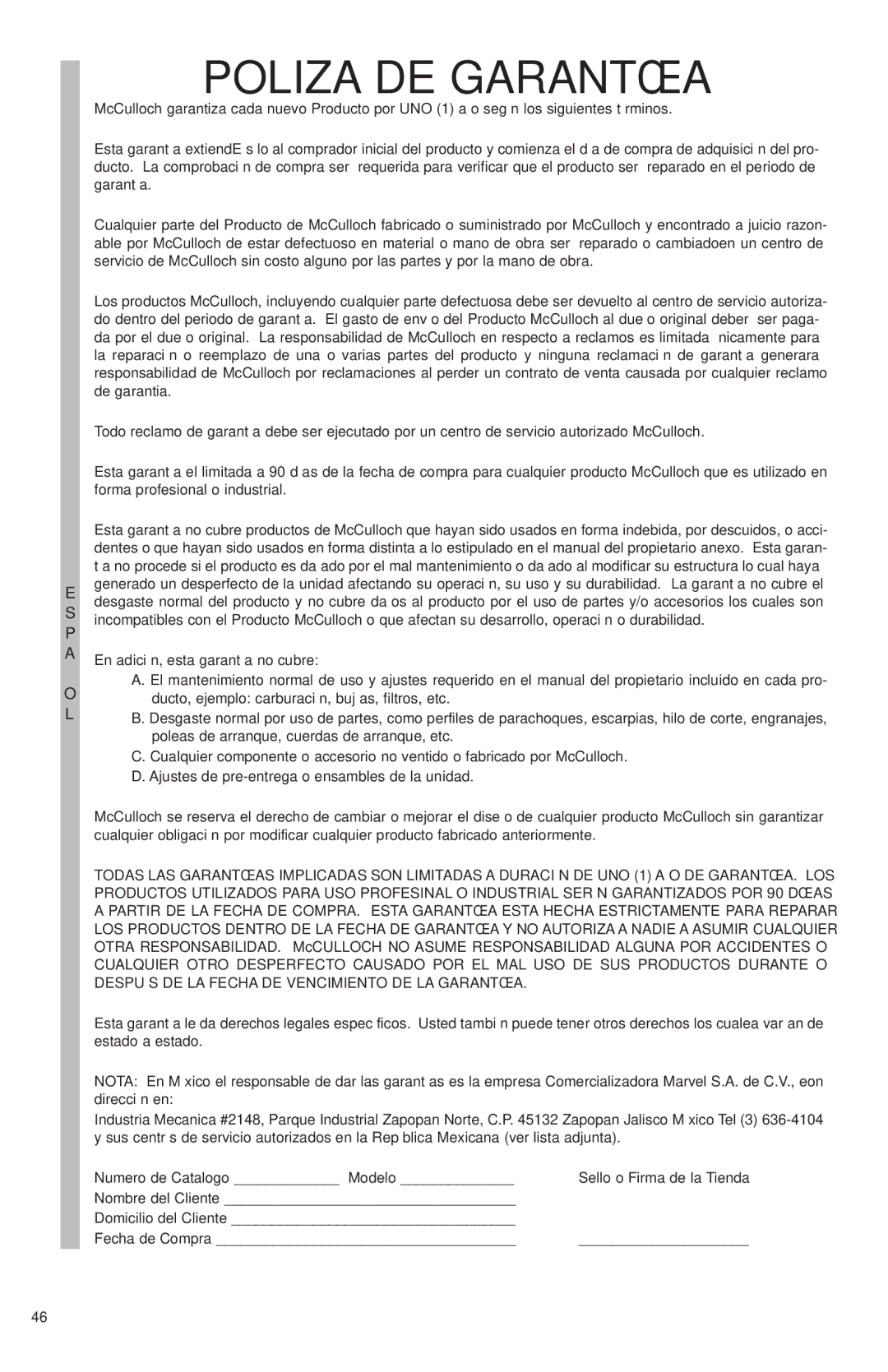 McCulloch MS1425, MS1630, MS1640, MS1645 user manual Poliza DE Garantía 