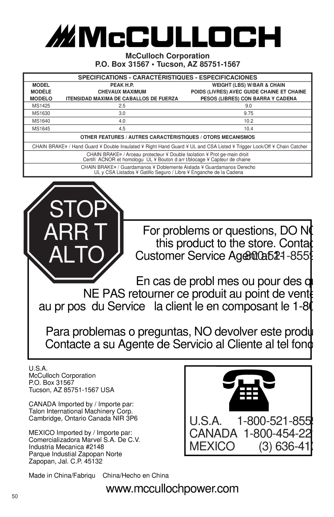 McCulloch MS1425, MS1630, MS1640, MS1645 user manual Stop 