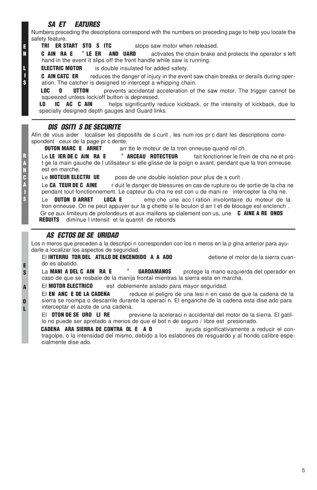 McCulloch MS1425, MS1630, MS1640, MS1645 user manual Safety Features 