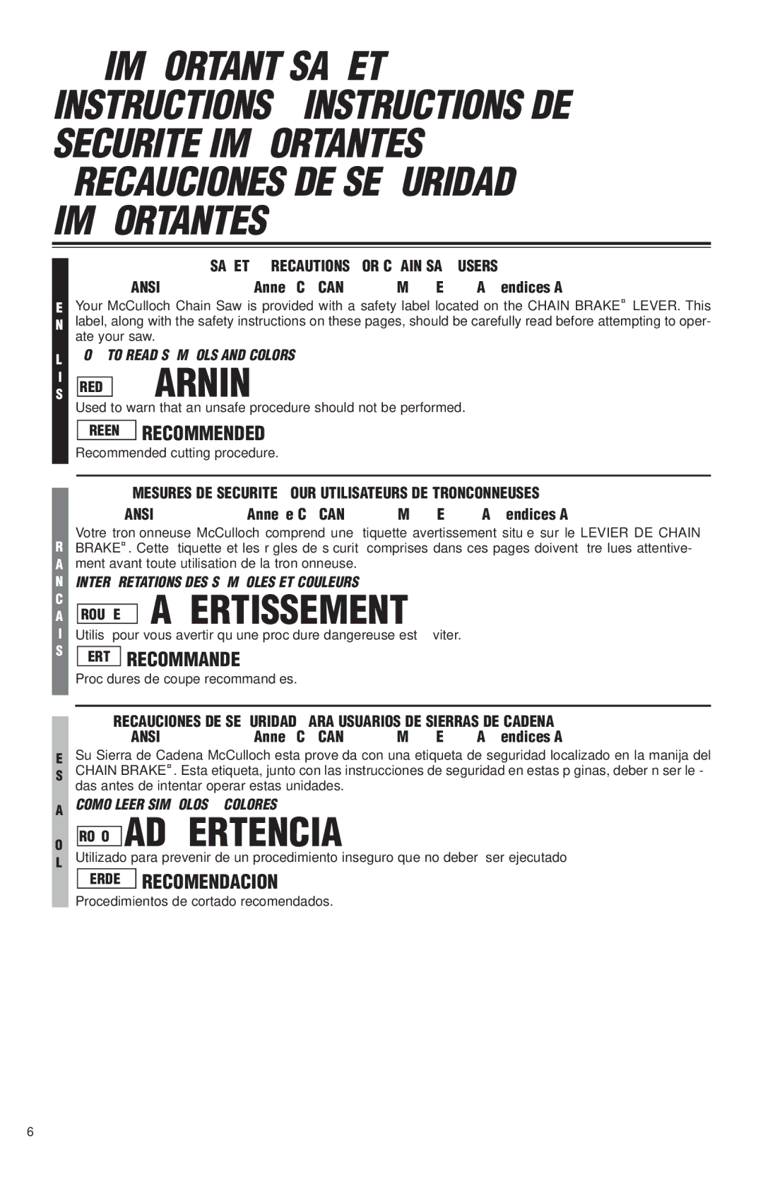 McCulloch MS1425, MS1630, MS1640, MS1645 user manual RED Warning, Rouge Avertissement, Rojo Advertencia 