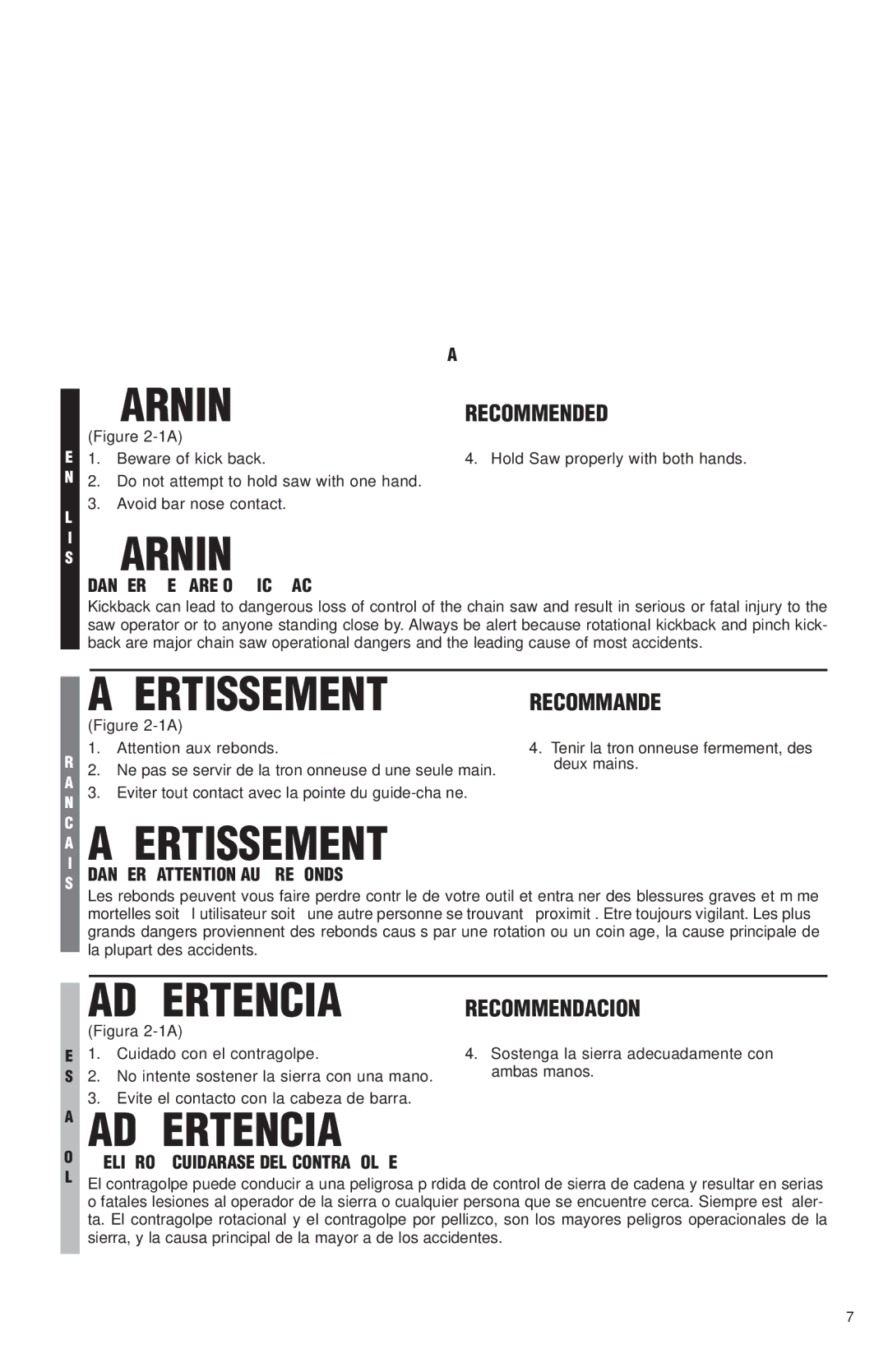 McCulloch MS1425, MS1630, MS1640, MS1645 user manual Avertissement, Advertencia, Recommande, Recommendacion 