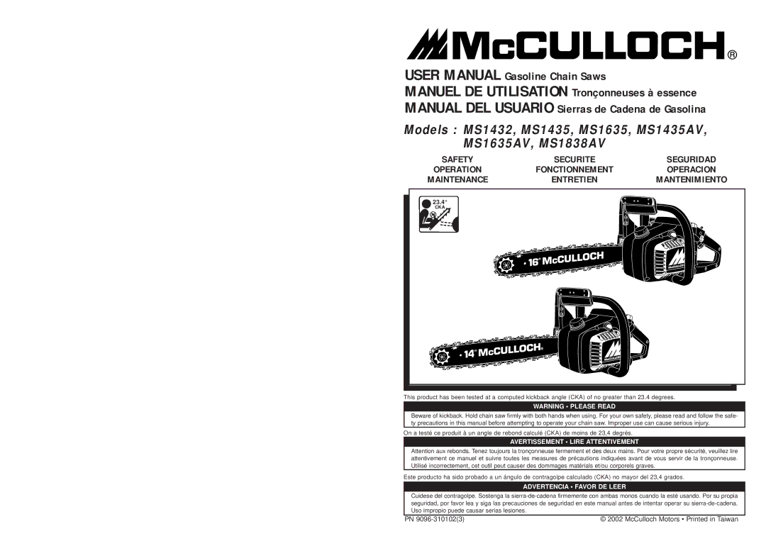 McCulloch user manual Models MS1432, MS1435, MS1635, MS1435AV 