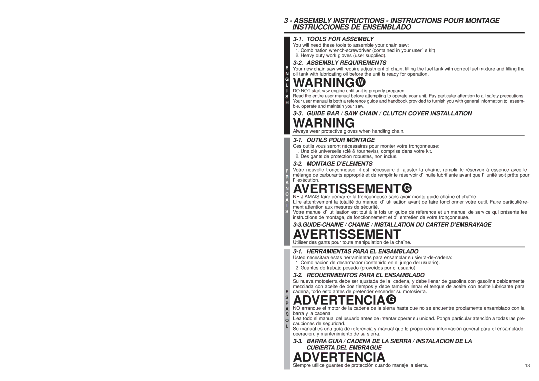 McCulloch MS1432 user manual Tools for Assembly, Assembly Requirements, Guide BAR / SAW Chain / Clutch Cover Installation 