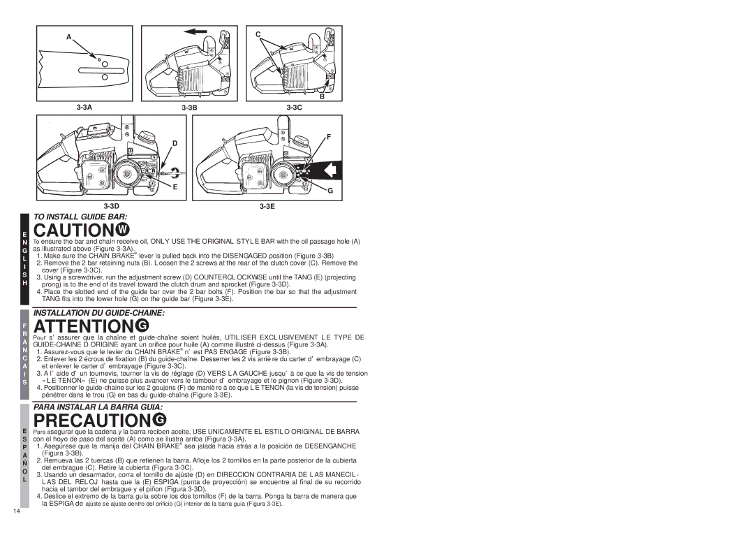 McCulloch MS1432 user manual To Install Guide BAR, Installation DU GUIDE-CHAINE, Para Instalar LA Barra Guia 