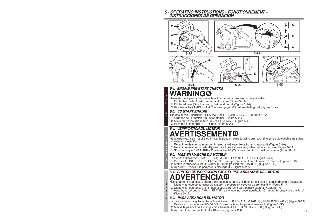 McCulloch MS1432 user manual Para Arrancar EL Motor, Figura 5-1A 