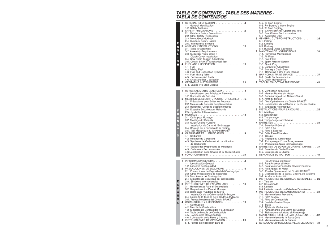 McCulloch MS1432 user manual Table of Contents Table DES Matieres Tabla DE Contenidos 