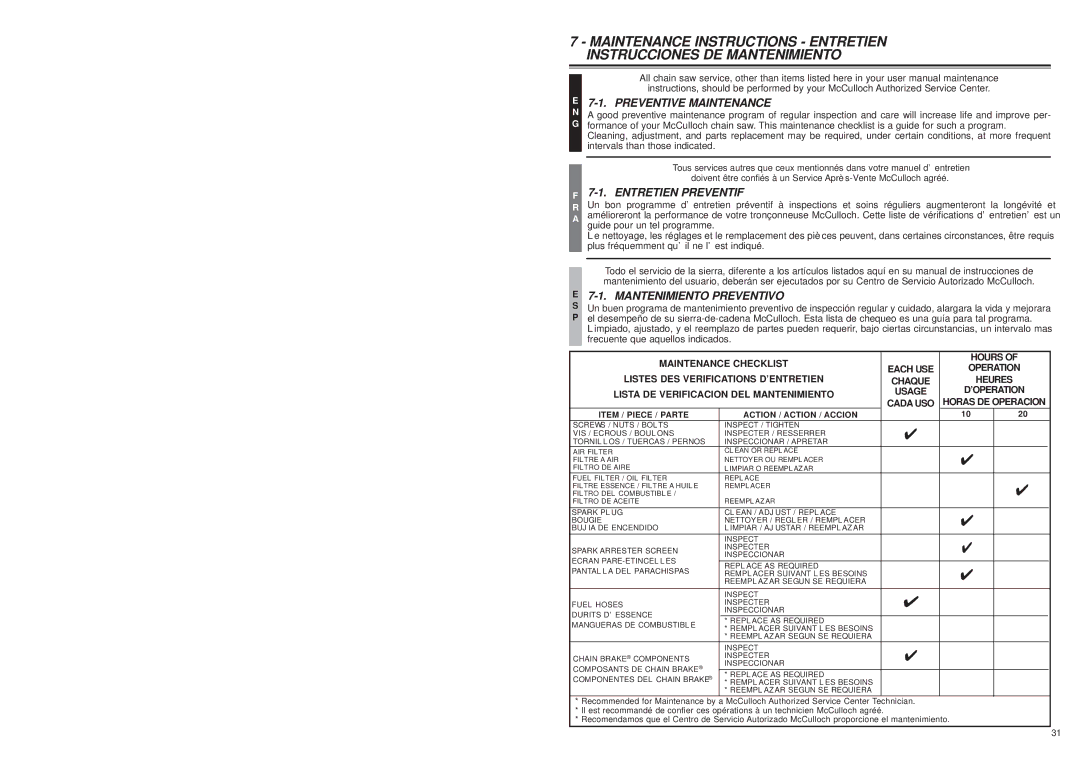 McCulloch MS1432 user manual Preventive Maintenance, Entretien Preventif, Mantenimiento Preventivo 