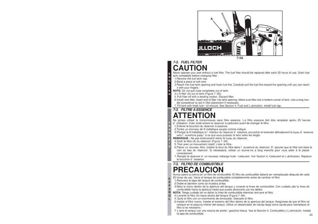 McCulloch MS1432 user manual Fuel Filter, Filtre a Essence, Filtro DE Combustible 